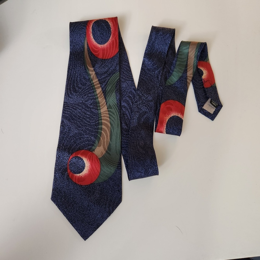Albert Nippon Mens Silk Tie Blue with Red Circles Design